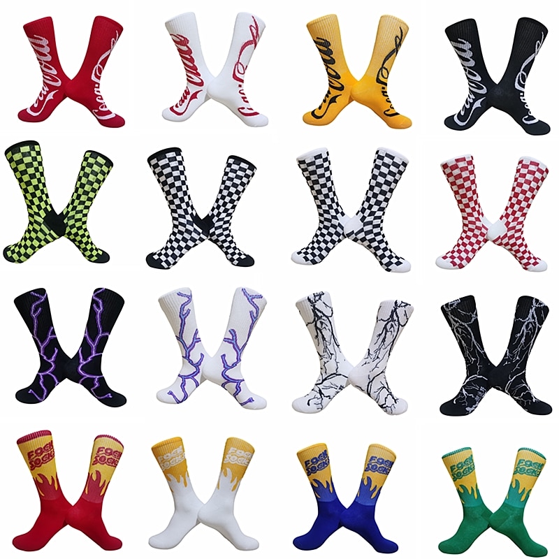 Korea Unisex Fashion Socks Checkerboard Square Lightning Flame crew cool Socks Street Skateboarding Hip Hop Long Socks