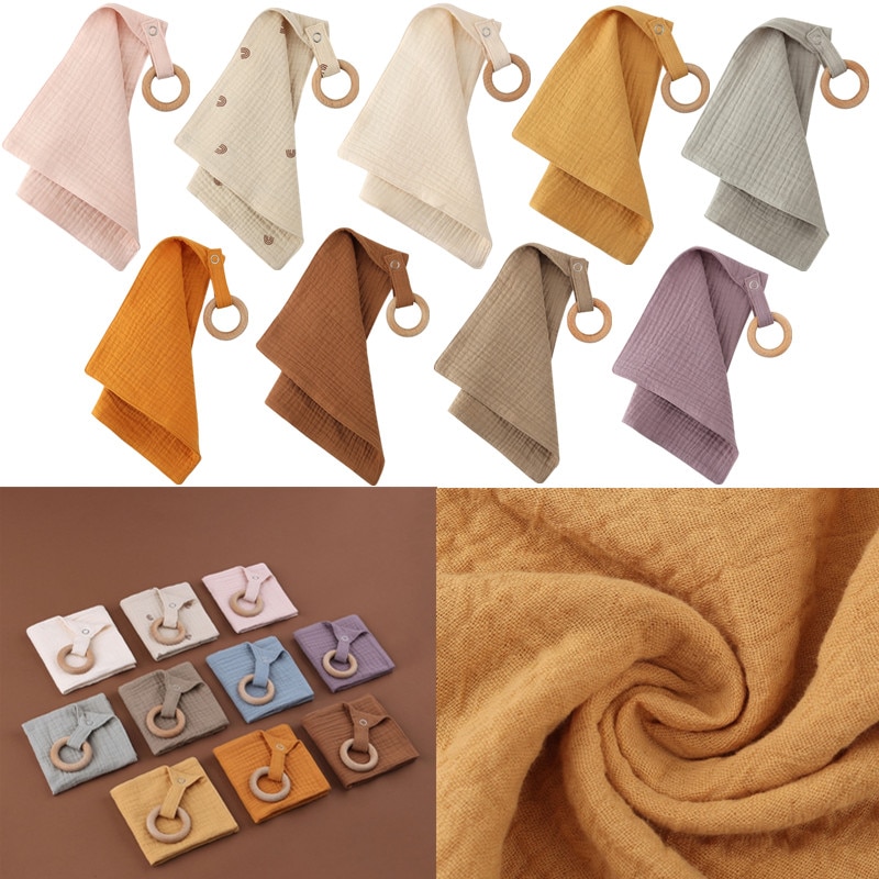 Soft Cotton Baby Bibs Solid Colour Baby Soothe Appease Towel Burp Cloth With Wood Teether Ring Newborn Snap Button Cuddle Cloth