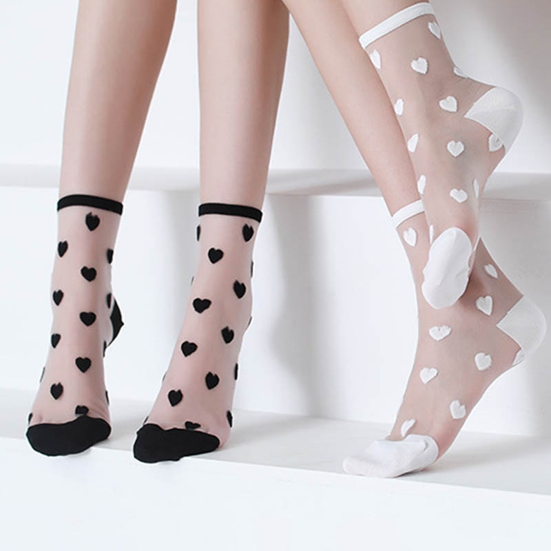 Crystal Lace Socks Women Summer Ultra-thin Color Love Transparent Short Socks Black White Love Heart Sox
