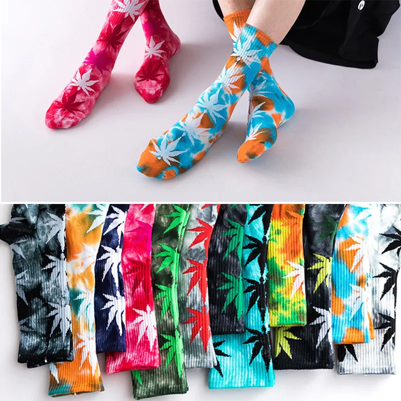 Spring and Summer Tie-dye Maple Leaf Hemp Leaf Couple Trendy Socks European and American Street Style Harajuku Tube Socks