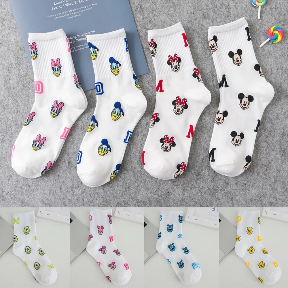 8 Pairs Girls Socks Cartoon Mickey Minnie Daisy Donald Winnie Piglet Cotton Breathable Keep Warm Women Medium Socks