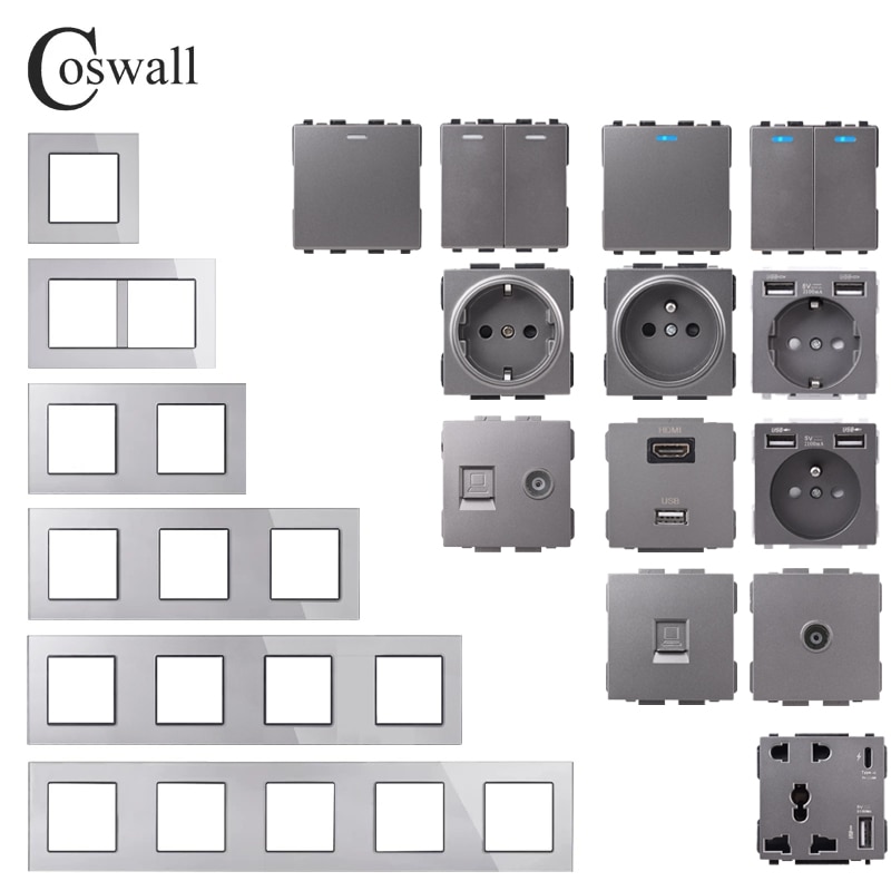 COSWALL C1 Series Grey Gray Glass Panel Wall Switch EU French Socket HDMI-compatible USB Charger Satellite TV RJ45 Modules DIY