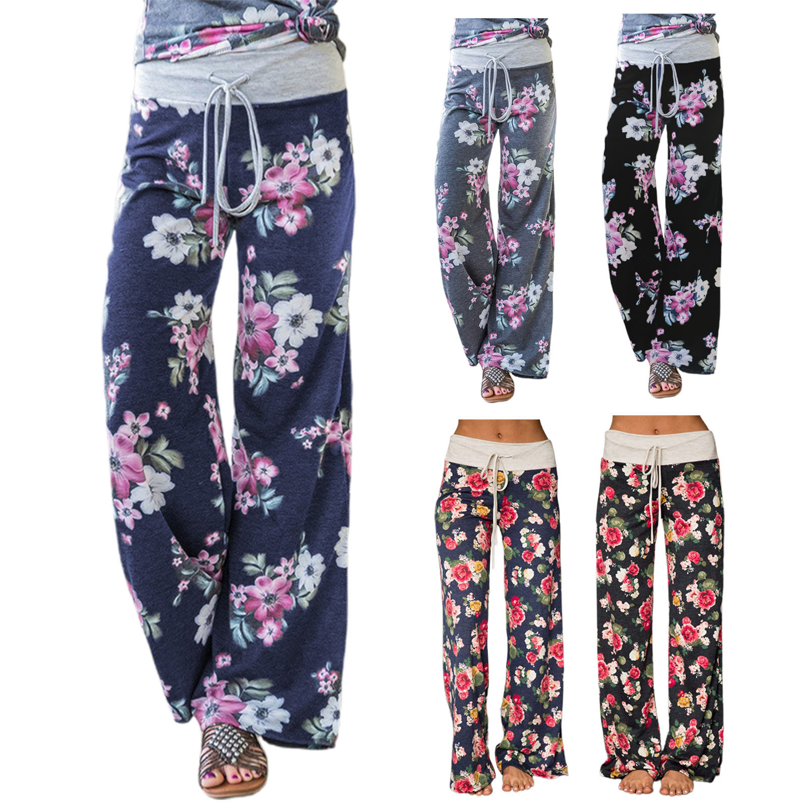 Women Loose Pants Lounge Trousers Nightwear Sleepwear Casual Yoga Pants Floral Print Stretch Waist Drawstring Home Pajamas Pants