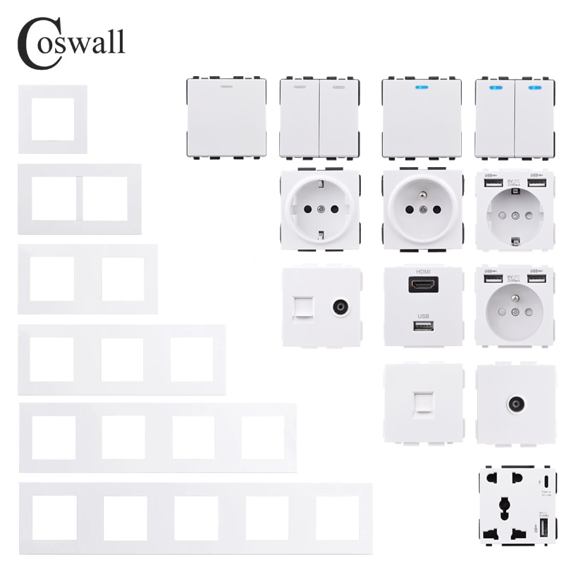 COSWALL E20 Series White PC Panel Wall Switch EU French Socket HDMI-compatible USB Type-C 18W Fast Charger TV RJ45 Module DIY