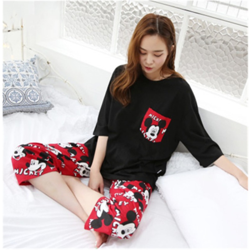 Two Pieces Women Pajamas Sets Short Sleeved T-Shirt and Calf-Length Pants Kawaii Nightwear Soft Home Suit Cartoons Sleepwear