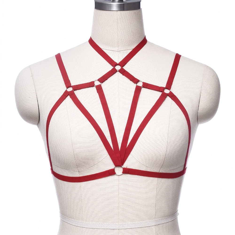 BDMS Body Harness Crop Tops Cage Bra Punk Goth Dance Festival Rave Wear Harness Soft Belt Lingerie Harness Red Bra