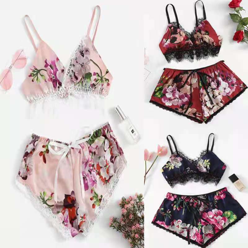 2021 NEW Printing fission pajamas two-piece sexy bud silk condole belt pajamas at home