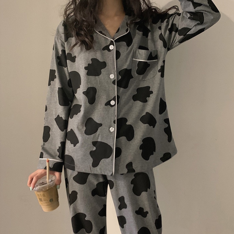 Summer Autumn Women Pajamas Set Japanese Cute Dairy Cow Print Long Sleeve Sleepwear Winter Turn-down Collar Casual Nightwear