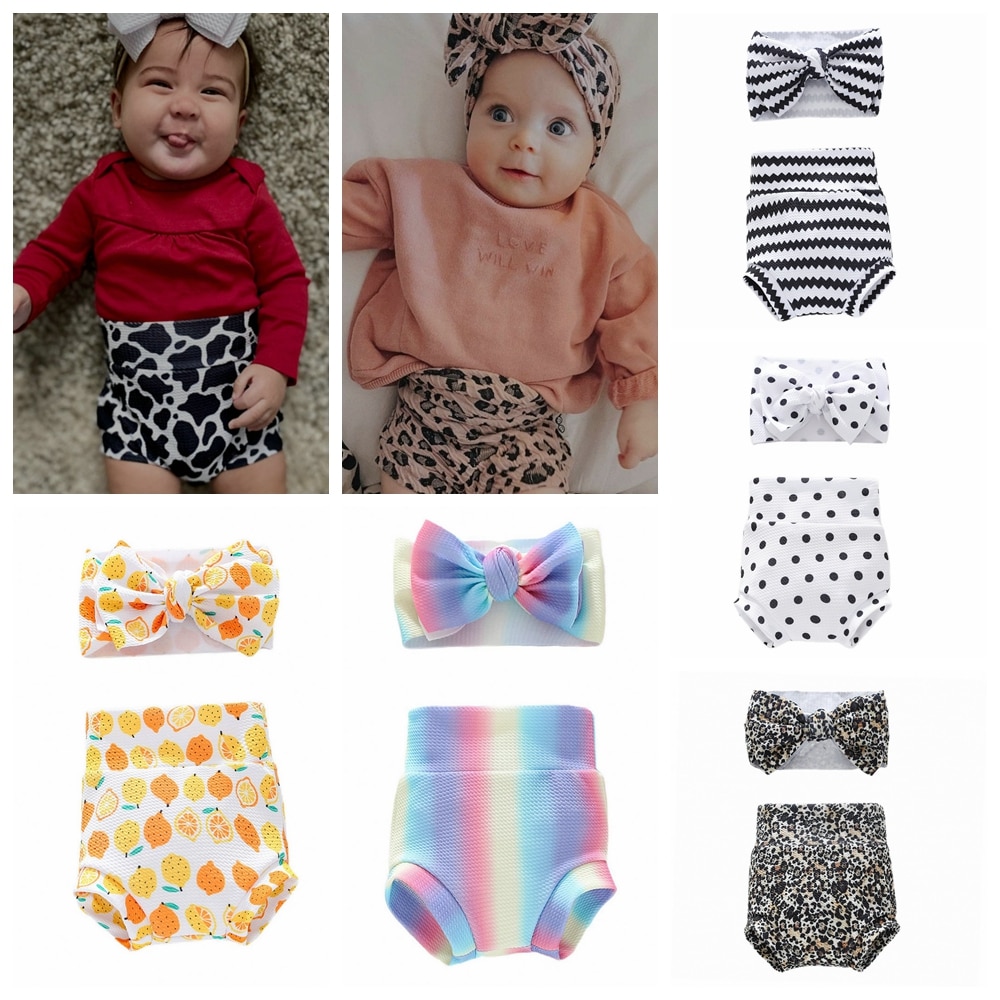 Toddler Lovely Rainbow Pattern Bowknot Hairband and Bread Pants Set Fashion Wave Stripe Bows Elastic Headband Print Headwear