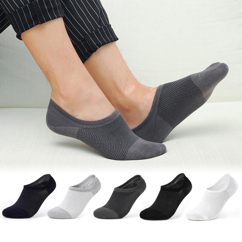 Solid Bamboo Fiber Men's Socks Breathable Mesh Boat Socks Man Invisible No Show Socks Silicone Non-Slip Business Calcetines