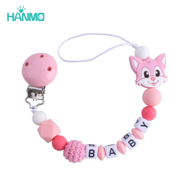 Handmade Free Personalized Name Baby Pacifier Clips Silicone Cat Safe Teething Chain Infant Teether Eco-friendly Dummy Clips Hol