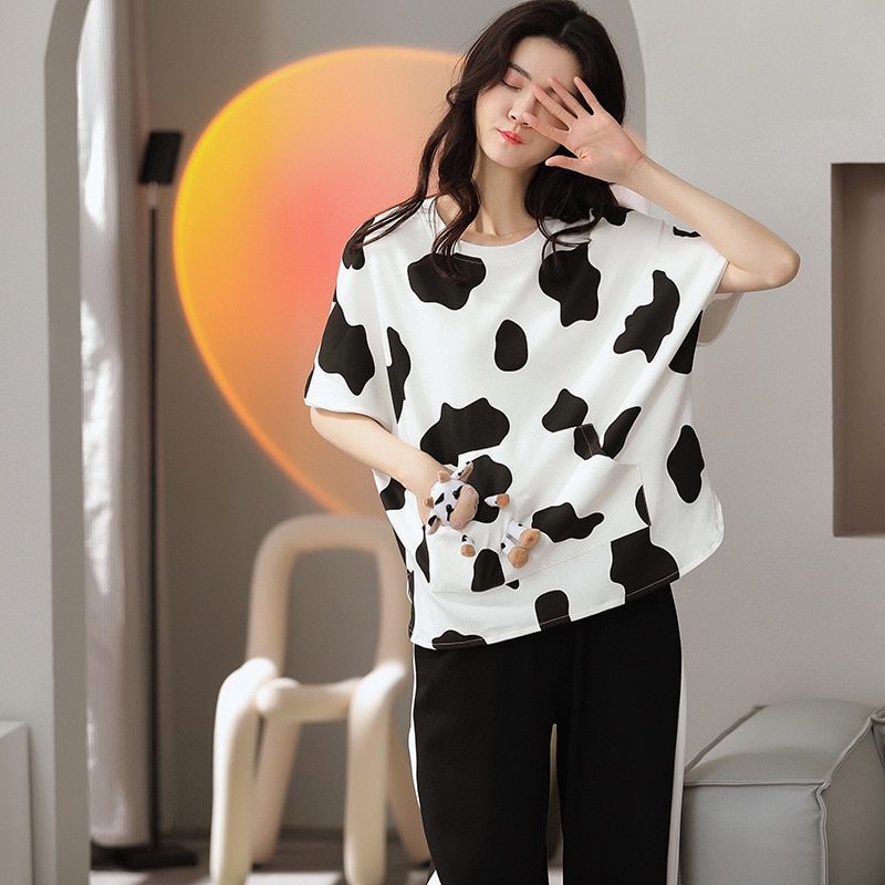 New Summer Women Pajama Set 100% Cotton Fashion Sleepwear Cute Cow Print Playful Calf Toy in Pocket Home Wear Clothes Nightwear