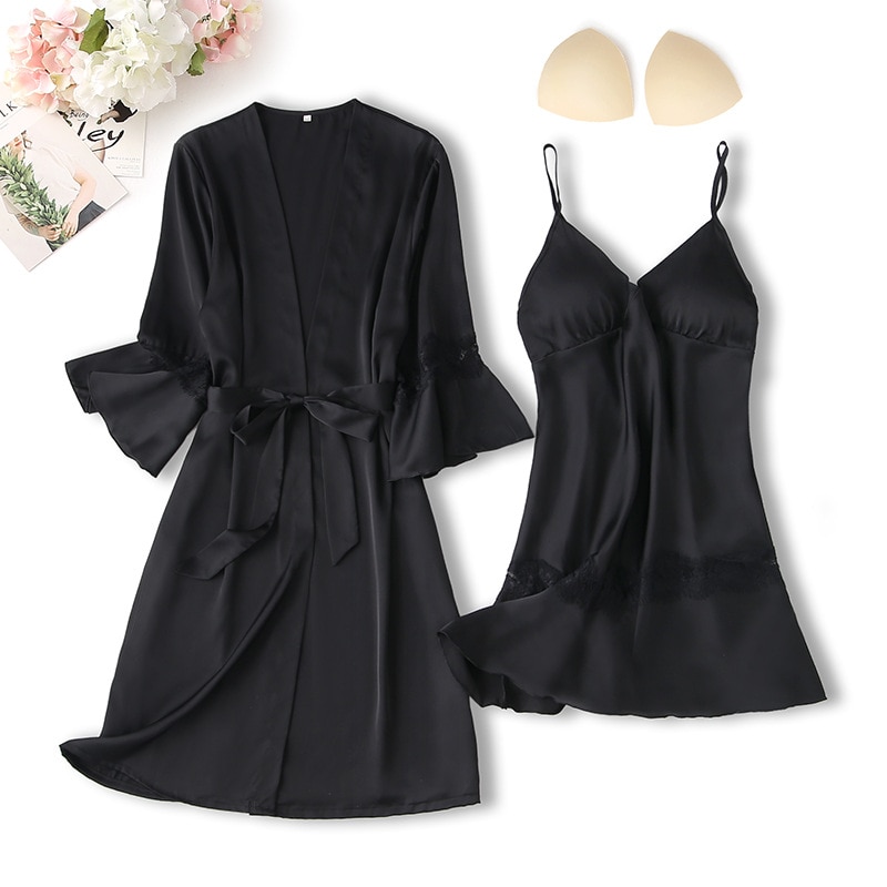 Two Piece Robe Set Women Sexy Sleepwear Satin Patchwork Kimono Bathrobe Gown Soft Intimate Lingerie With Chest Pads Loungewear