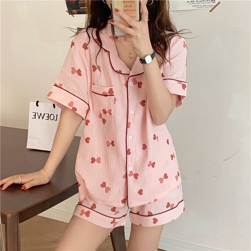 Alien Kitty 2021 New Summer Women Short Pajamas Sweet Nightwear Homewear Love Printing Cotton Loose Two Piece Suit Sets