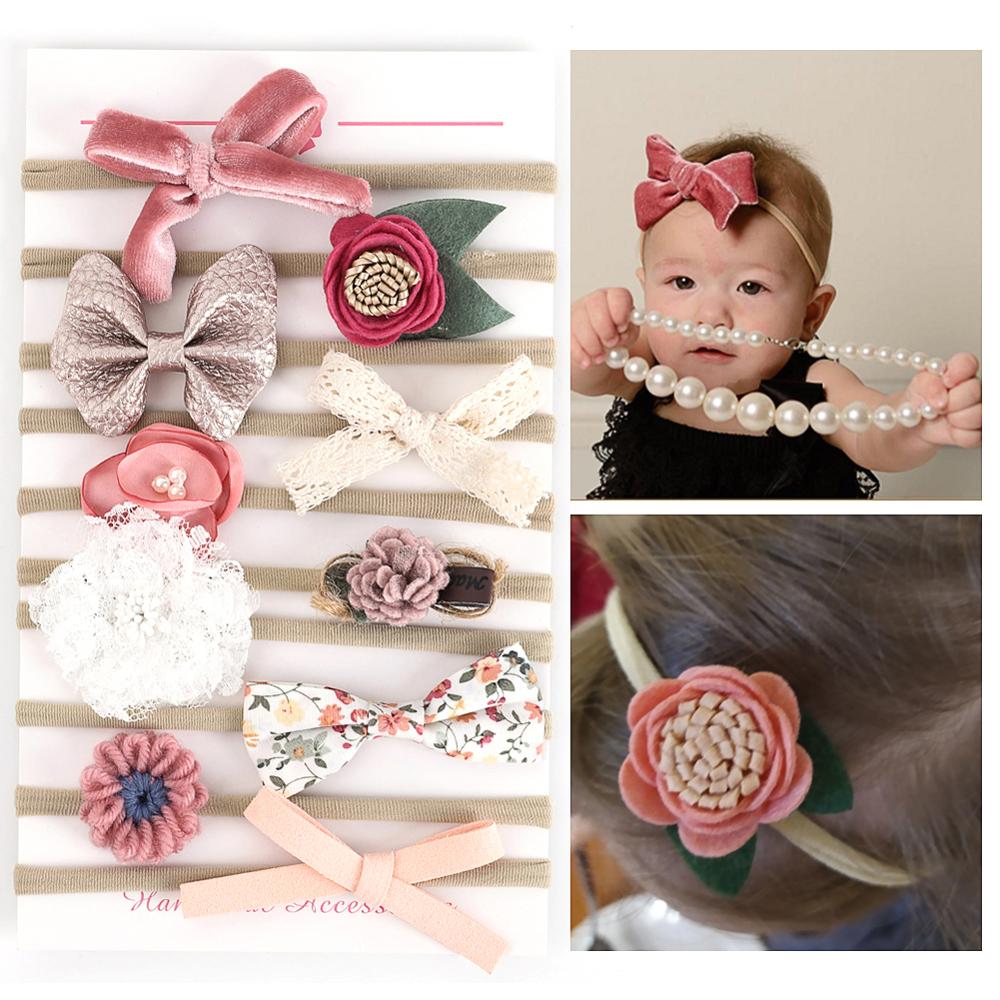 10Pcs/Set Lace Flower Glitter Bowknot Headband for Baby Girls Leather Elastic Hair Band Velvet Cartoon Line Hair Accessories