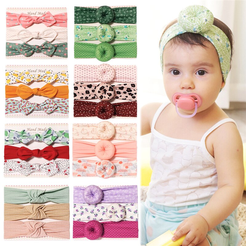 3 Pcs/Set Handmade Baby Girls Elastic Headband Hair Accessories Cute Floral Bows Girls Hair Bands Newborn Turban Set Headwear