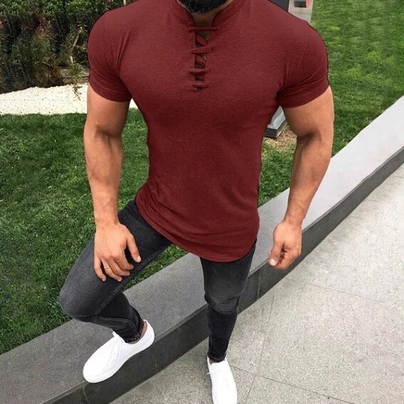 Men's Casual Short Sleeve T-shirts Slim Fit Neck T-Shirt Plain Top Rope Bandage Basic Summer