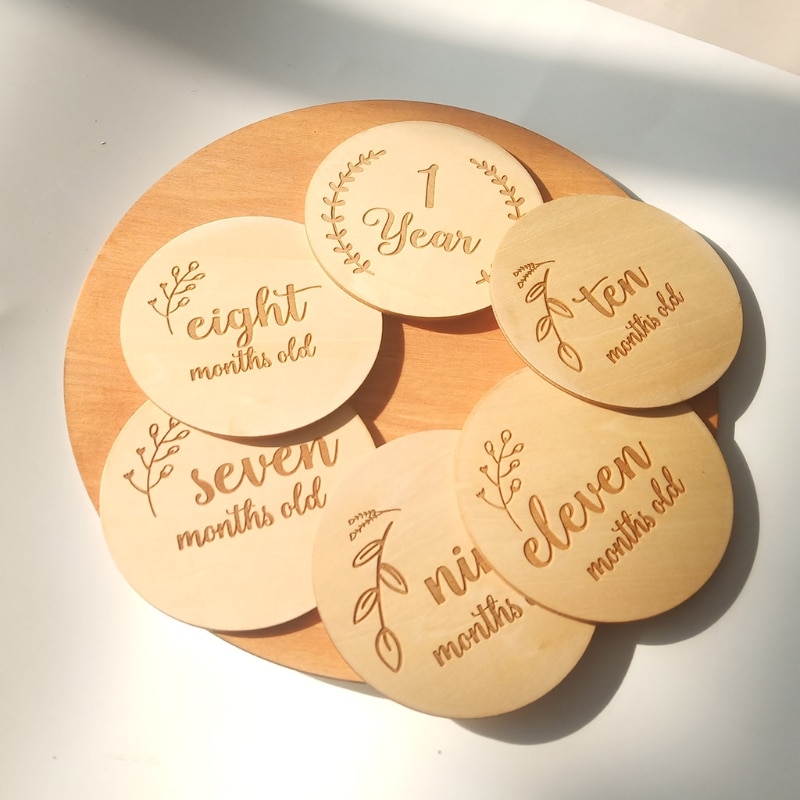 12/14/16 Pcs Baby Milestone Cards Wooden Commemorate Baby Birth Monthly Recording Discs Newborn Shower DIY Gifts