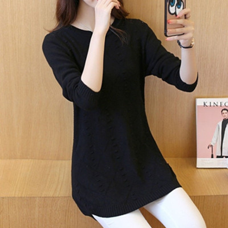 Spring And Autumn New Women's Wear Medium Long Loose Pullover Sweater Bottom Coat Round Neck Women's Solid Long Sweate