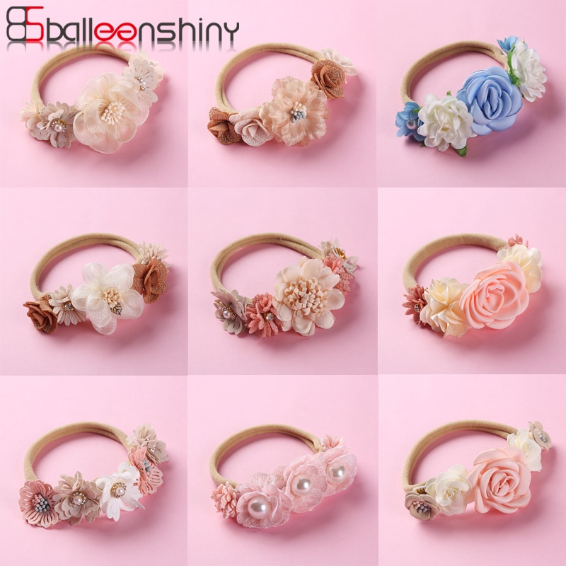 Balleenshiny 1PC Lovely Princess Baby Headband Kawaii Accessories Pink Flower Pearl Nylon Stretch Headband Floral Kids Hair Band