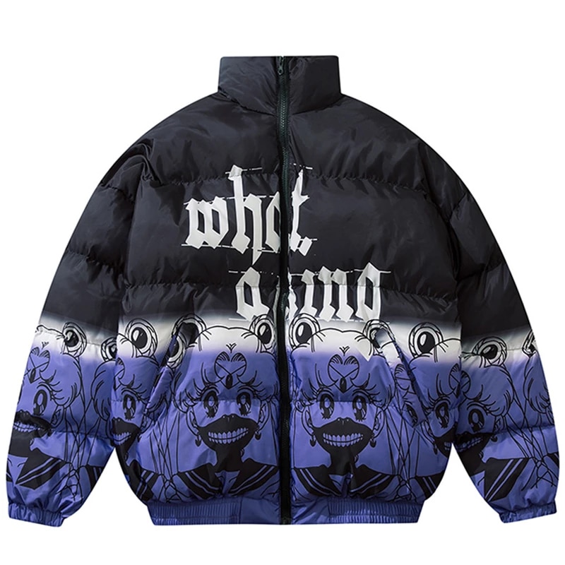 Hip Hop Parka Jacket Men Gradient Cartoon Anime Girl Print Padded Jackets Cotton Harajuku Oversized Outwear Unisex Winter Warm