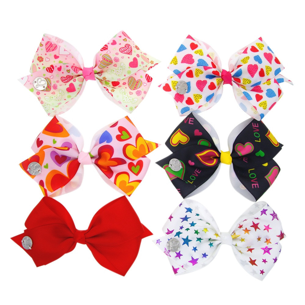 6pcs/lot Lovely Print Grosgrain Ribbon Bowknot Infant Hair Clips Cute Heart-shaped Pattern Bows Newborn Hairpin Kids Accessories