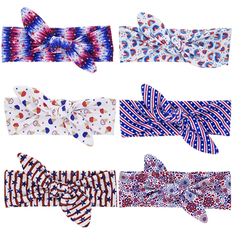 Colorful Stars Print Bunny Ears Elastic Hairband Fashion Handmade Knotted Striped Headband Toddler Accessories Birthday Gifts