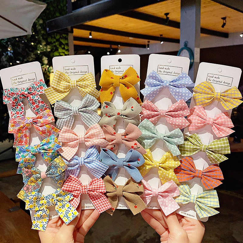 5 Pcs/Bag Simple Fashion Dots Hair Bows With Clip For Baby Girls Plaid Hairpins Barrettes Headwear Children Hair Accessories