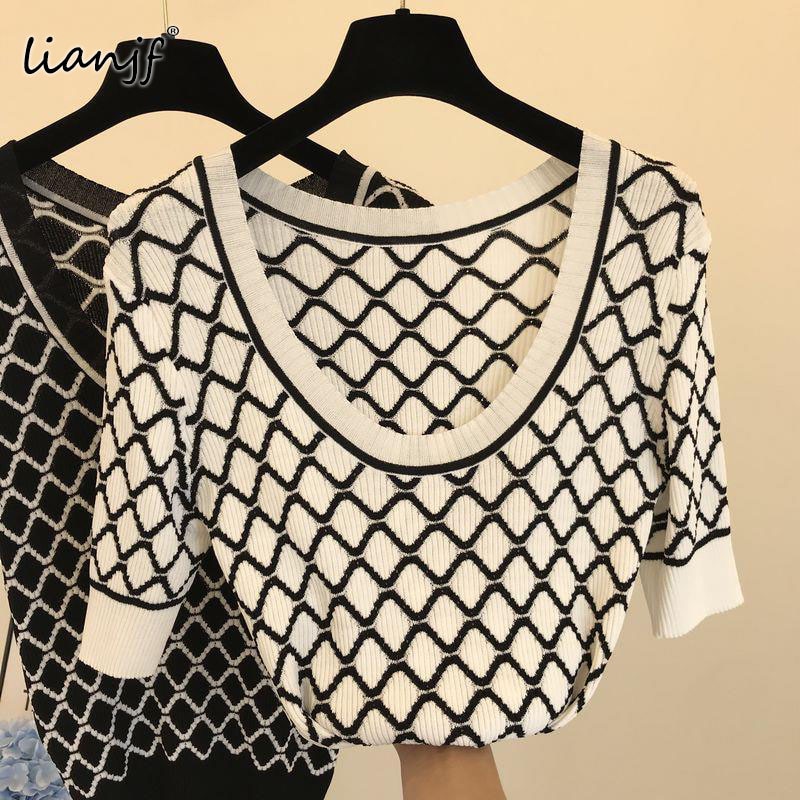 Summer Knitted Short-sleeved Top Shirts For Women 2021 Korean Style Contrast Halter Tops Ice Silk Sweater T-shirt Women Clothing
