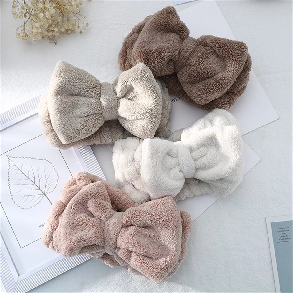 SPA Bath Shower Big Bow Solid Coral Fleece Headband Women Washing Face Elastic Hair Bands Cute Makeup Hairband Bowknot Headwrap