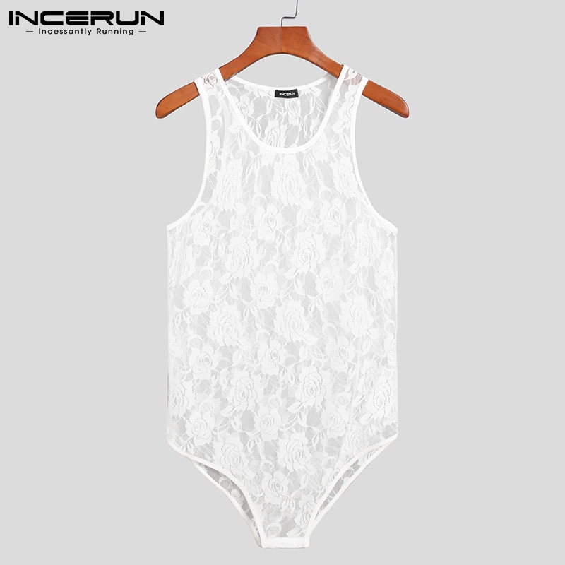 Summer Men Mesh Pajamas Bodysuits Lace See Through Sleeveless O Neck Homewear Rompers Sexy Men Tanks Tops Bodysuit INCERUN S-5XL