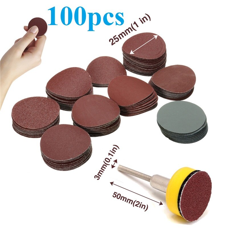 100pcs 25mm/1inch Sandpaper + 1pc 1inch Hook Loop Backer Plate 1/8inch Shank + 1pcs Loop Sanding Pad Abrasives Mixed Polishing