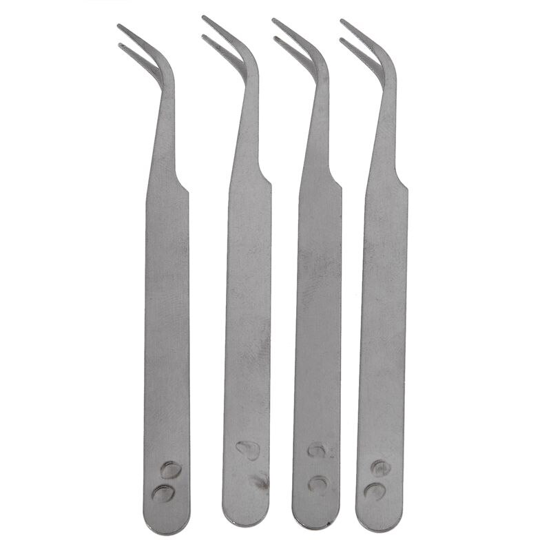 Silver Tone 5 Inch Length Metal Bent Tip Tweezers 4 Pcs
