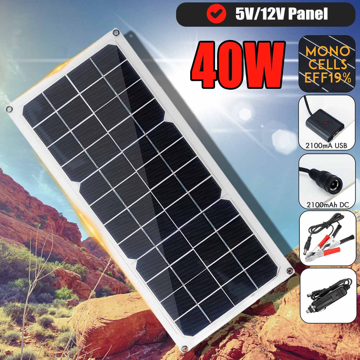40W Solar Panel 12V Monocrystalline USB Power Portable Outdoor Solar Cell Car Ship Camping Hiking Travel Phone Charger