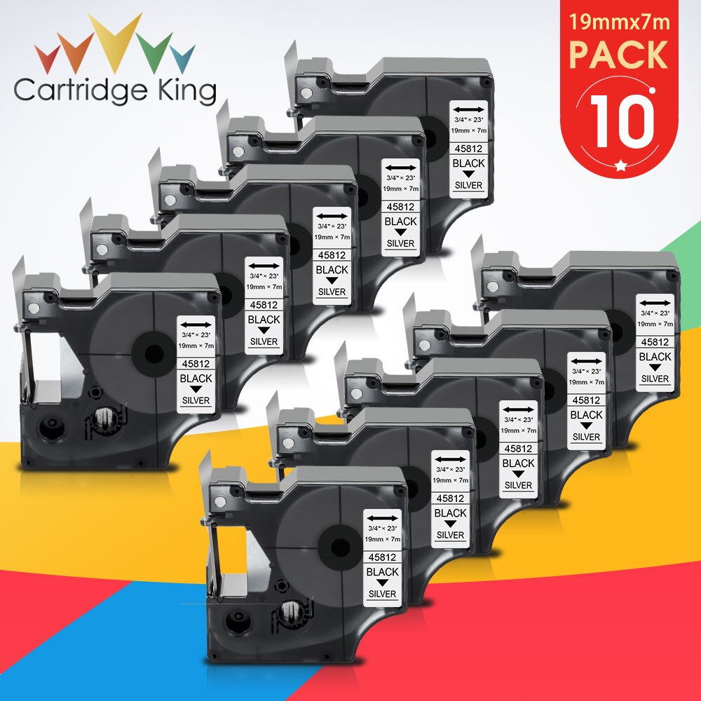 10PK 19mm Label 45812 for DYMO D1 Tape Black on Silver Printer Ribbon Compatible for Dymo Label Maker LabelManager 360D 420P 450