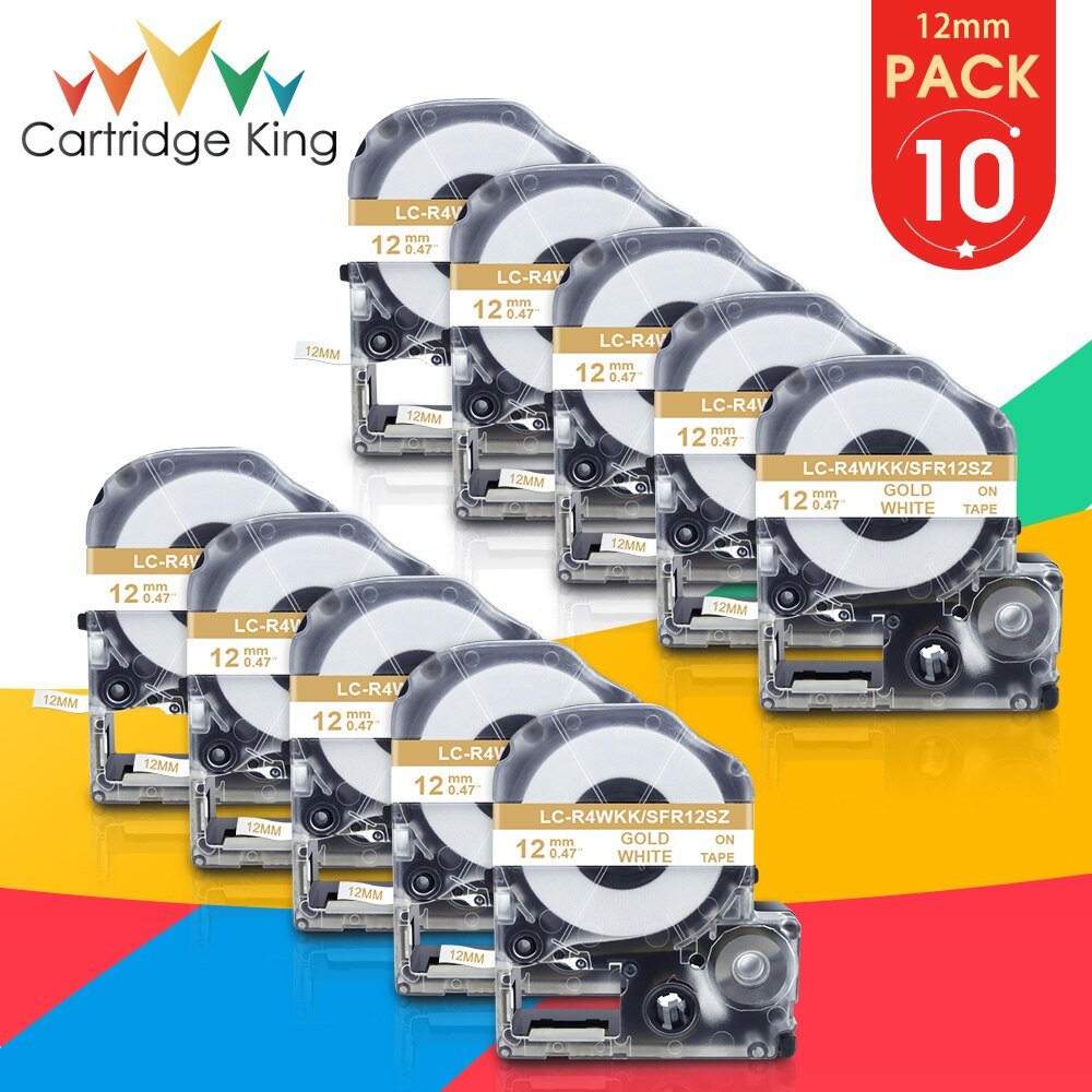 10PK for Epson Satin Ribbon Tape SFR12SZ LK-4WKK Gold on White 12mm Label Tape Compatible for Epson KingJim Label Maker LW-400