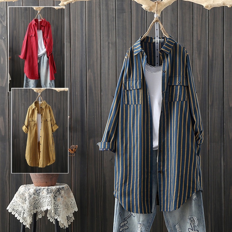 Oversized 4XL Cotton Linen Women Shirts 2022 Summer Vintage Turn-Down Collar Striped Loose Pocket Casual Female Outwear Tops