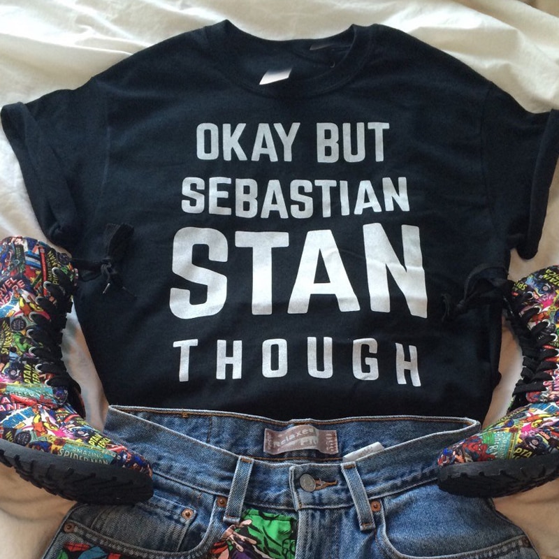 OK ay but Sebastian STAN though Women's Short sleeve Cotton Funny Letter print Graphic O neck Tshirt Drop shipping y2k top