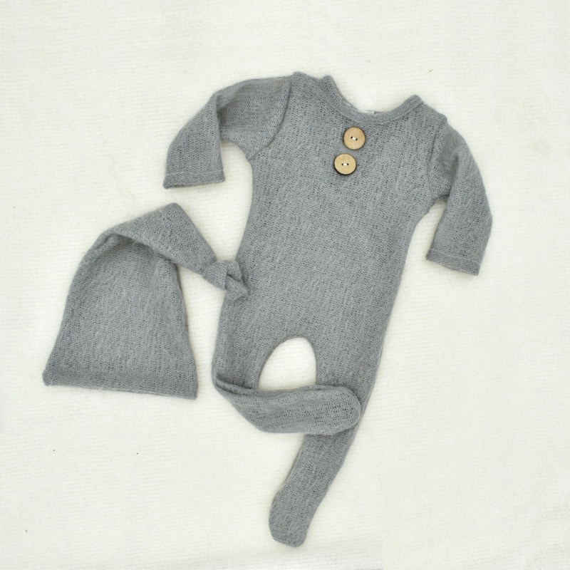 2 Pcs Mohair Baby Romper Hat Set Newborn Photography Props Knitted Wool Bodysuit Long Tail Cap Kit Infants Photo Shooting
