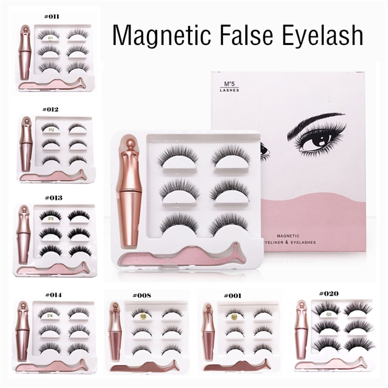 3 Pairs Magnetic Eyelashes 3D Mink Eyelashes Makeup Magnetic Lashes Eyeliner Tweezers Set Natural False Lashes Short Faux Cils