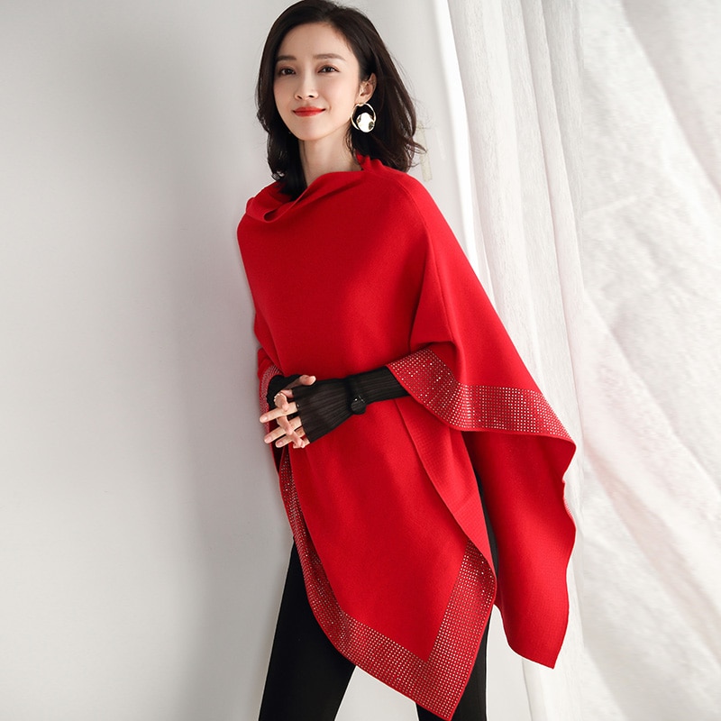 Woman Autumn Winter Fashion Diamonds Pullover Sweater Coat Knit Wool Slash Collar Shawl Cloak Loose Plus Size Solid Poncho Cape