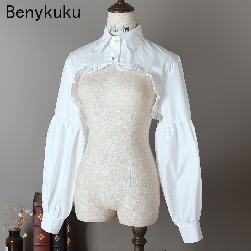 Lolita Ruffles Crop Top Women Blouses Fashion Turn Down Collar White Shirt Long Sleeve Casual Blouse Female Sexy Ladies Tops