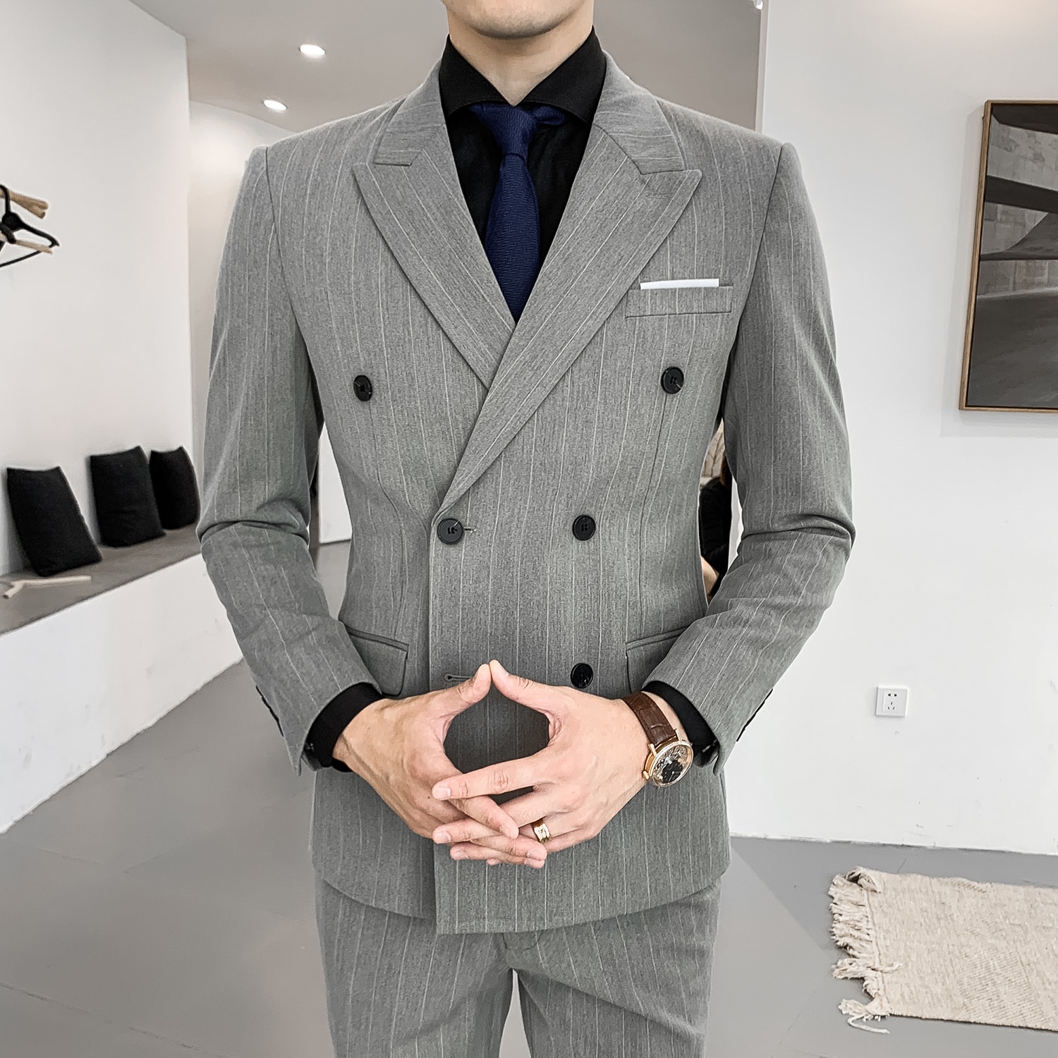 2021 Newest men's fashion business casual double breasted slim suit men stripe groom wedding tuxedo dress party suit male 3