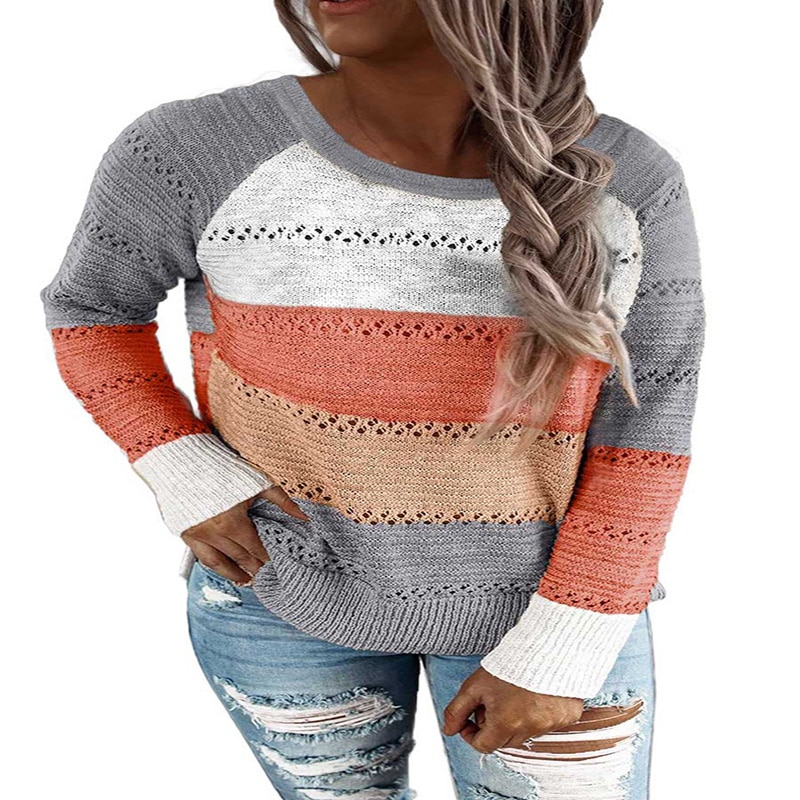 Long-Sleeved Pullover Casual New Style Cotton Stitching Hollow Knit Sweater Loose Spring And Autumn Mesh Top Vestidos De Muje