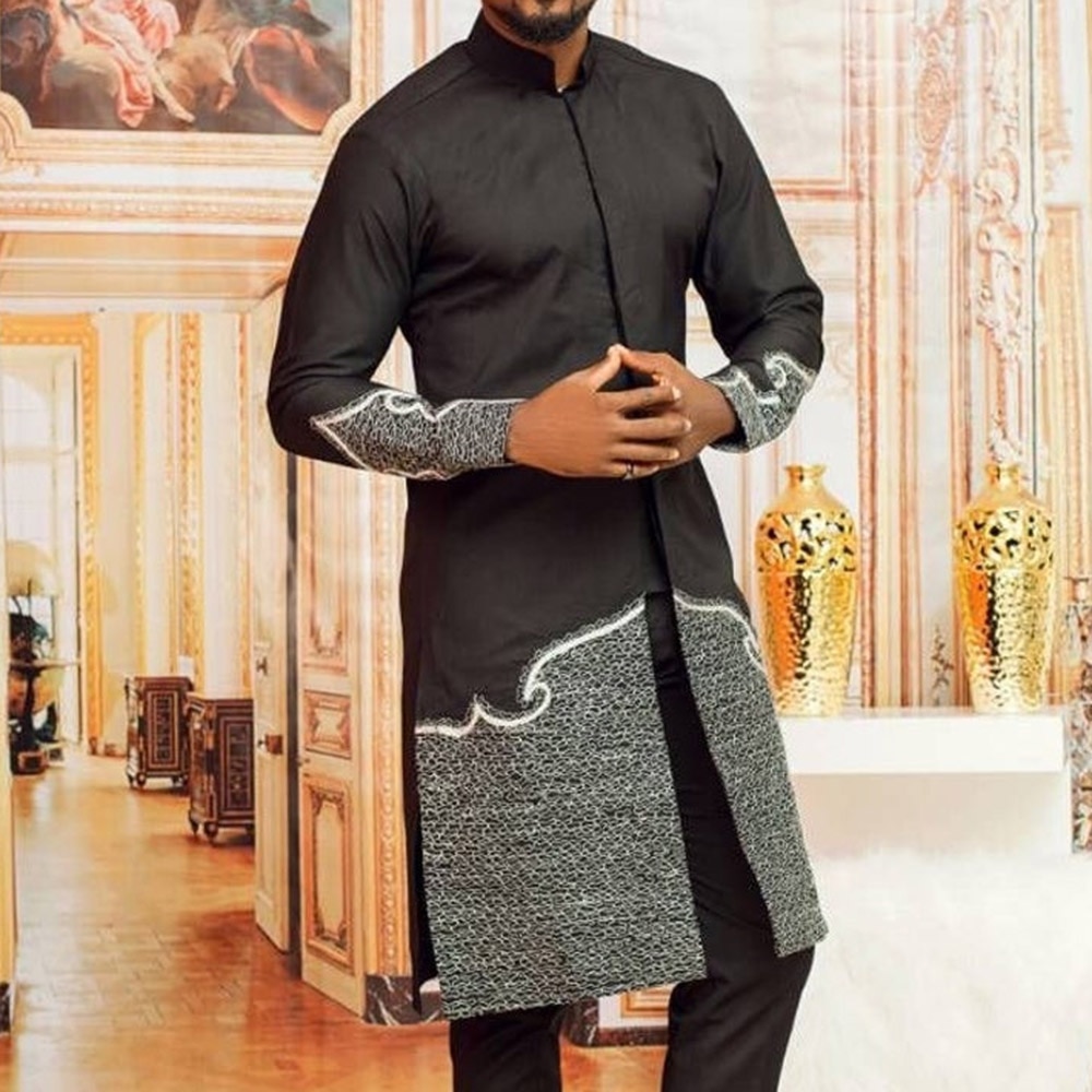 Men's Dashiki Mid-length Shirt Casual Printing Stitching African Men's Shirt Muslim Long-sleeved Fashion T-shirt Plue 