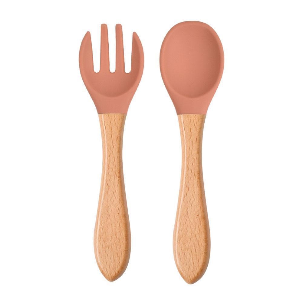 2Pcs Baby Silicone Spoon Fork Wooden Handle Cutlery Color Cutlery Baby Food Candy Spoon Soft Silicone Set Feeding Z7B3