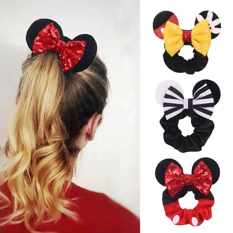 Mickey Mouse Ear Headbands Velvet Hair Scrunchies Ring Solid Velvet Ponytail Holder Hair Ties Gum Elastic Hair Bands For Girls