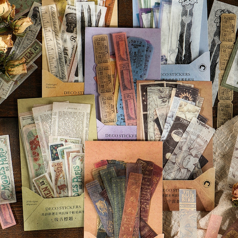 Mohamm 40PCS/Pack Retro Literary Hand Account Long Sticker Scrapbooking Stationery School Supplies