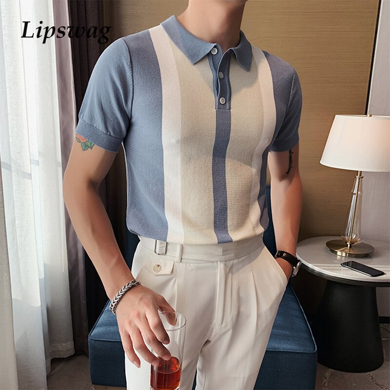 Vintage Patchwork Knit Slim Polo Shirts Men Fashion 2021 Summer Short Sleeve Polo Shirt Casual Lapel Button Tops Mens Streetwear