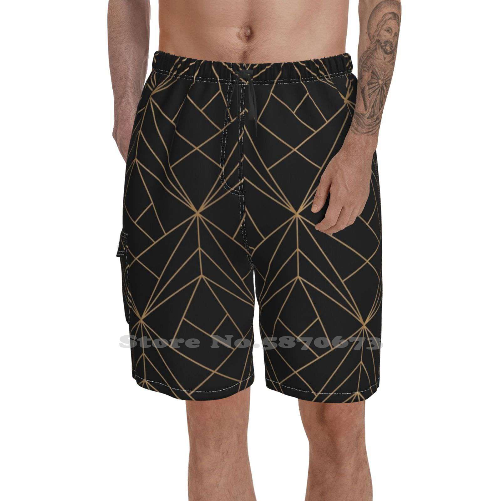 Gold Geometric Pattern Sports Fitness Shorts Graphic Abstract Lines Mosaic Geometric Geometric Gold Golden Foil White Modern